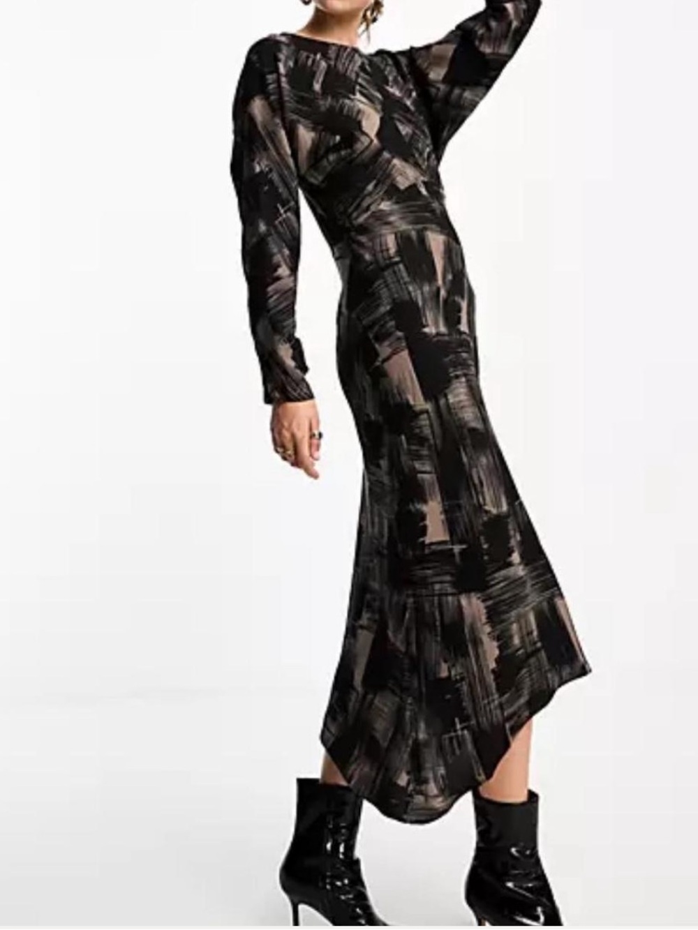 & Other Stories Black and Beige Brushstroke Long Sleeve Midi Dress - Picture 7 of 7
